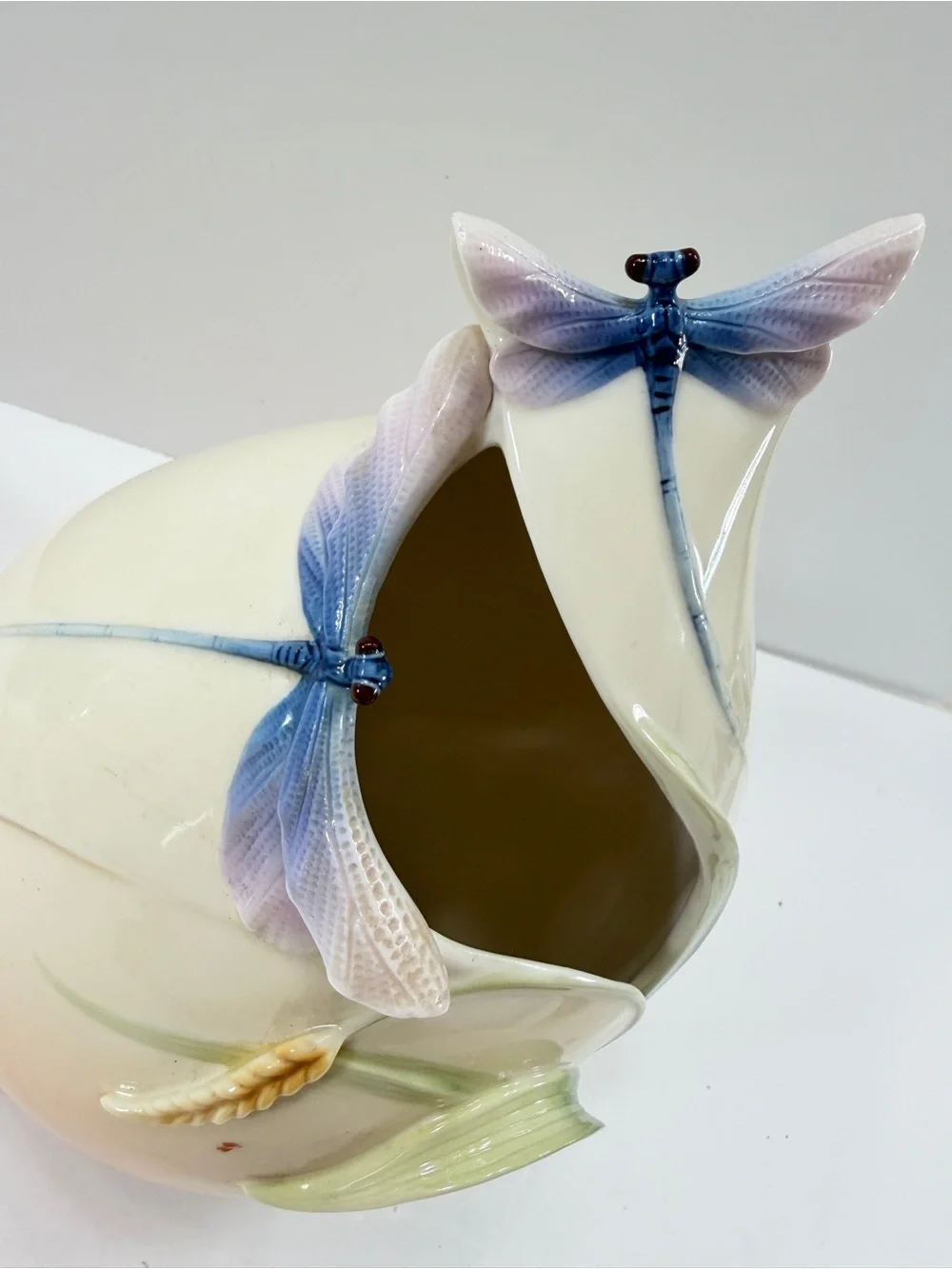 Franz Dragonfly Floral Hand Painted 3D Vase Porcelain Artist Signed 10” Vintage